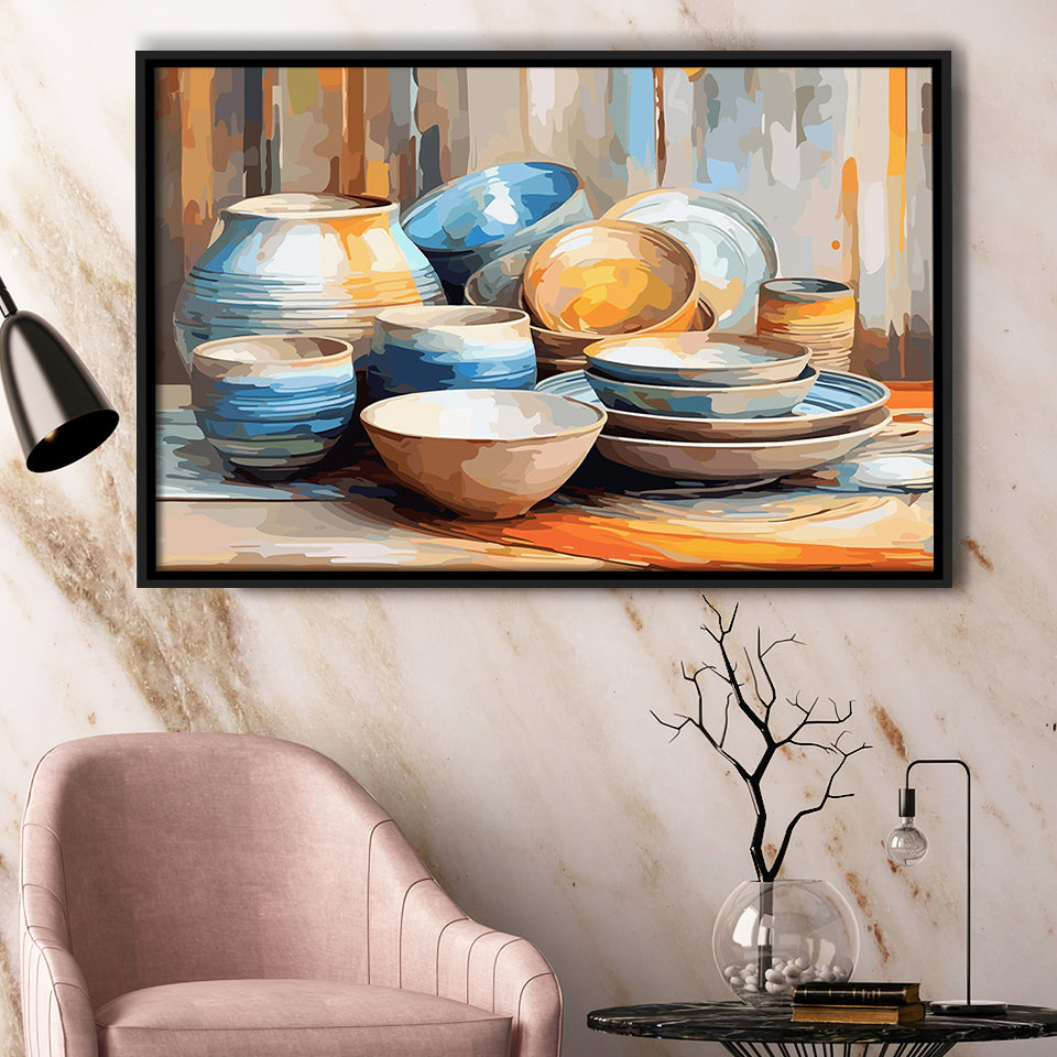 Kitchen Ceramics Wall Art, Pots And Plates Print, Kitchen Decor Framed Canvas Prints Wall Art, Floating Frame, Large Canvas