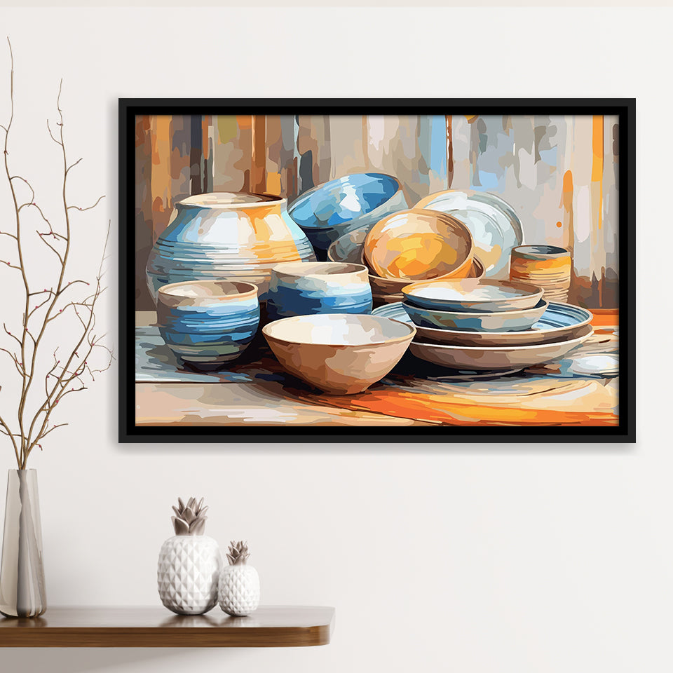 Kitchen Ceramics Wall Art, Pots And Plates Print, Kitchen Decor Framed Canvas Prints Wall Art, Floating Frame, Large Canvas