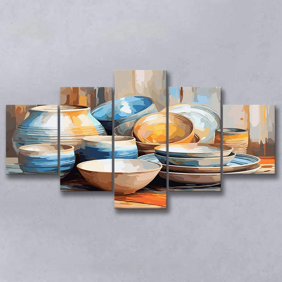 Kitchen Ceramics Wall Art, Pots And Plates Print, Kitchen Decor, 5 Panel Canvas Prints Wall Art,Mixed Canvas, Large Canvas