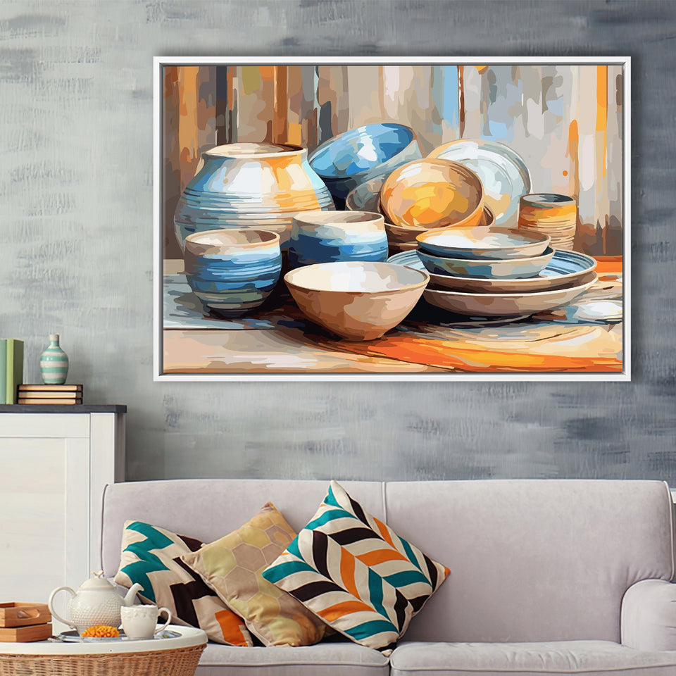 Kitchen Ceramics Wall Art, Pots And Plates Print, Kitchen Decor Framed Canvas Prints Wall Art, Floating Frame, Large Canvas