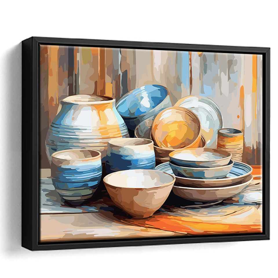 Kitchen Ceramics Wall Art, Pots And Plates Print, Kitchen Decor Framed Canvas Prints Wall Art, Floating Frame, Large Canvas