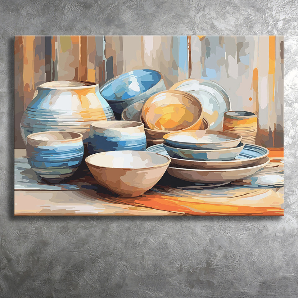 Kitchen Ceramics Wall Art, Pots And Plates Print, Kitchen Decor Canvas Prints Wall Art, Home Living Room Decor, Large Canvas
