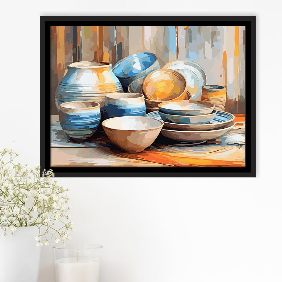 Kitchen Ceramics Wall Art, Pots And Plates Print, Kitchen Decor Framed Canvas Prints Wall Art, Floating Frame, Large Canvas