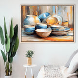 Kitchen Ceramics Wall Art, Pots And Plates Print, Kitchen Decor Framed Canvas Prints Wall Art, Floating Frame, Large Canvas