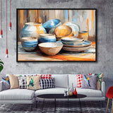 Kitchen Ceramics Wall Art, Pots And Plates Print, Kitchen Decor Framed Canvas Prints Wall Art, Floating Frame, Large Canvas