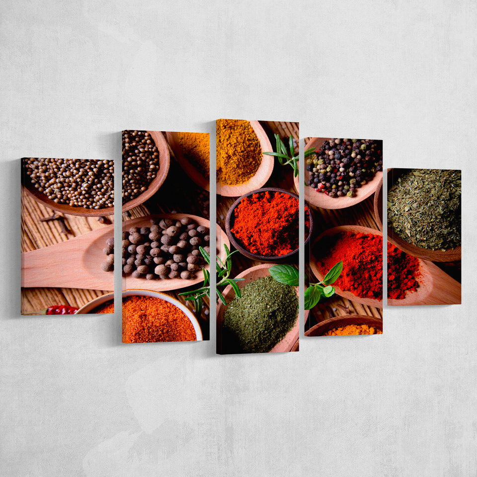 Kitchen Herbs Spices 5 Piece Canvas Prints Wall Art Decor, Multi Panels, Mixed Canvas