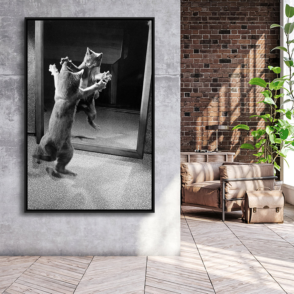 Kitten Dance Photo Black And White Print, Funny Animal Photo Framed Canvas Prints Wall Art Home Decor, Floating Frame