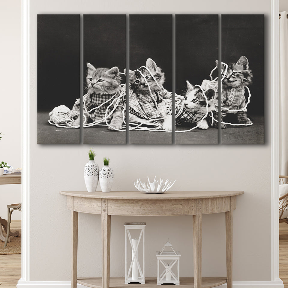 Kittens Playing With Yarn Black And White Print, Vintage Animal Photo Larger Canvas Art, 5 Piece Canvas Prints Wall Art Decor