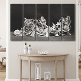 Kittens Playing With Yarn Black And White Print, Vintage Animal Photo Larger Canvas Art, 5 Piece Canvas Prints Wall Art Decor