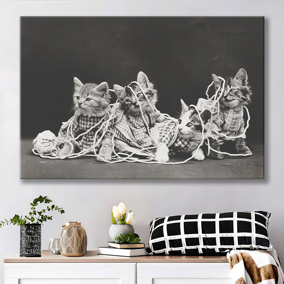 Kittens Playing With Yarn Black And White Print, Vintage Animal Photo Canvas Prints Wall Art Home Decor