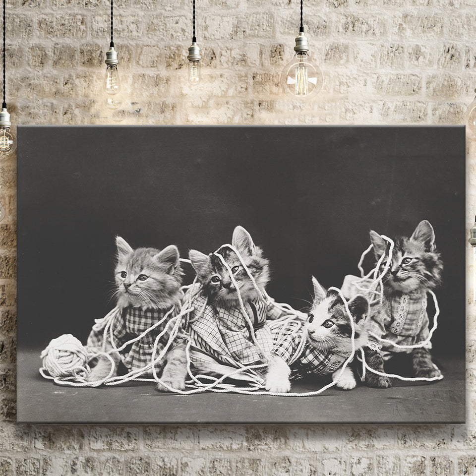 Kittens Playing With Yarn Black And White Print, Vintage Animal Photo Canvas Prints Wall Art Home Decor