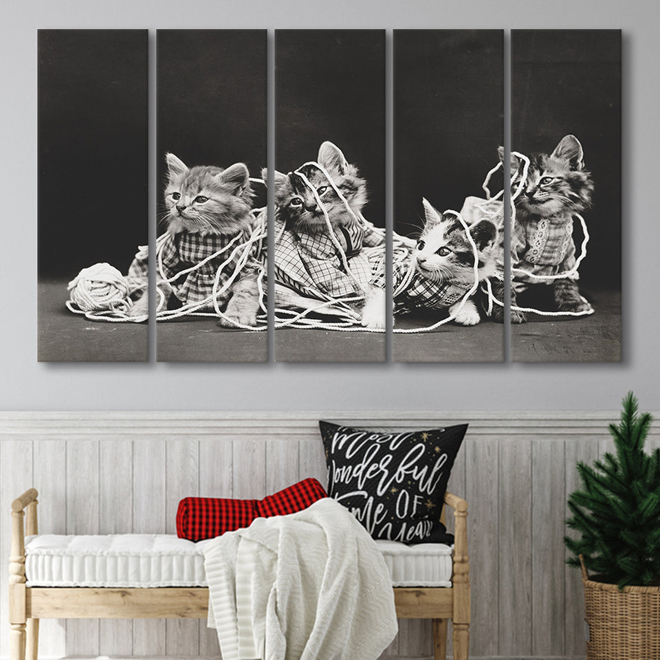 Kittens Playing With Yarn Black And White Print, Vintage Animal Photo Larger Canvas Art, 5 Piece Canvas Prints Wall Art Decor