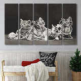Kittens Playing With Yarn Black And White Print, Vintage Animal Photo Larger Canvas Art, 5 Piece Canvas Prints Wall Art Decor