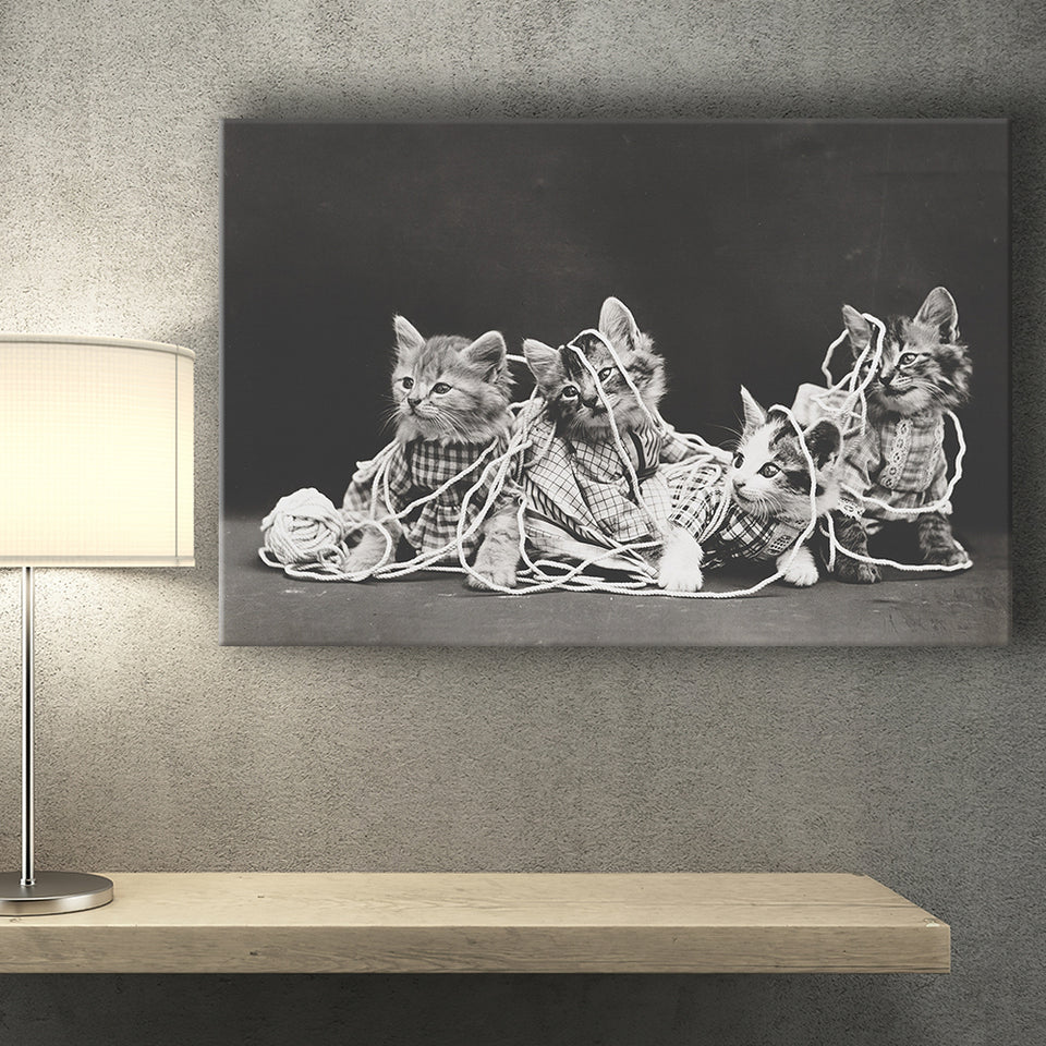 Kittens Playing With Yarn Black And White Print, Vintage Animal Photo Canvas Prints Wall Art Home Decor