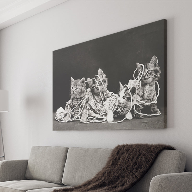 Kittens Playing With Yarn Black And White Print, Vintage Animal Photo Canvas Prints Wall Art Home Decor