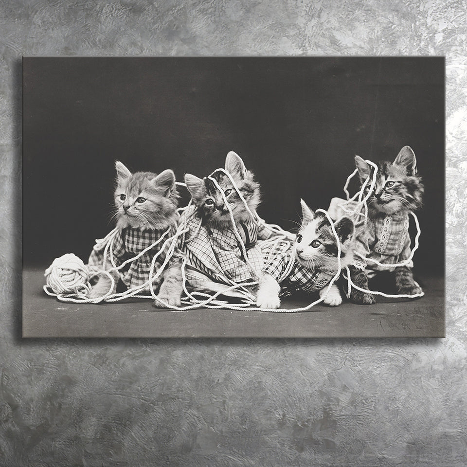 Kittens Playing With Yarn Black And White Print, Vintage Animal Photo Canvas Prints Wall Art Home Decor