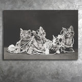 Kittens Playing With Yarn Black And White Print, Vintage Animal Photo Canvas Prints Wall Art Home Decor