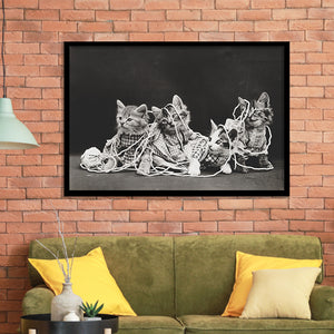 Kittens Playing With Yarn Black And White Print, Vintage Animal Photo Framed Art Prints, Wall Art,Home Decor,Framed Picture