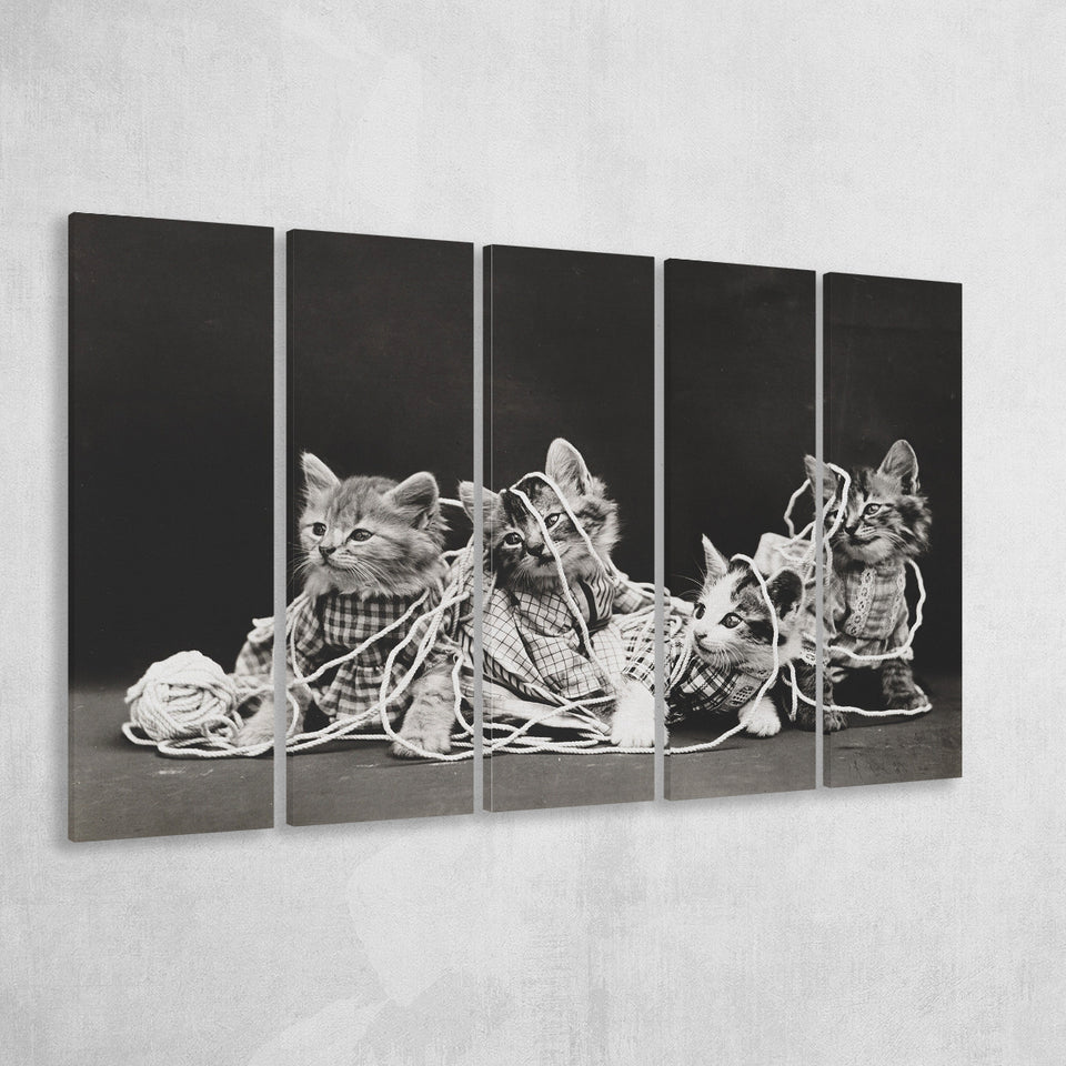 Kittens Playing With Yarn Black And White Print, Vintage Animal Photo Larger Canvas Art, 5 Piece Canvas Prints Wall Art Decor
