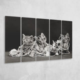 Kittens Playing With Yarn Black And White Print, Vintage Animal Photo Larger Canvas Art, 5 Piece Canvas Prints Wall Art Decor