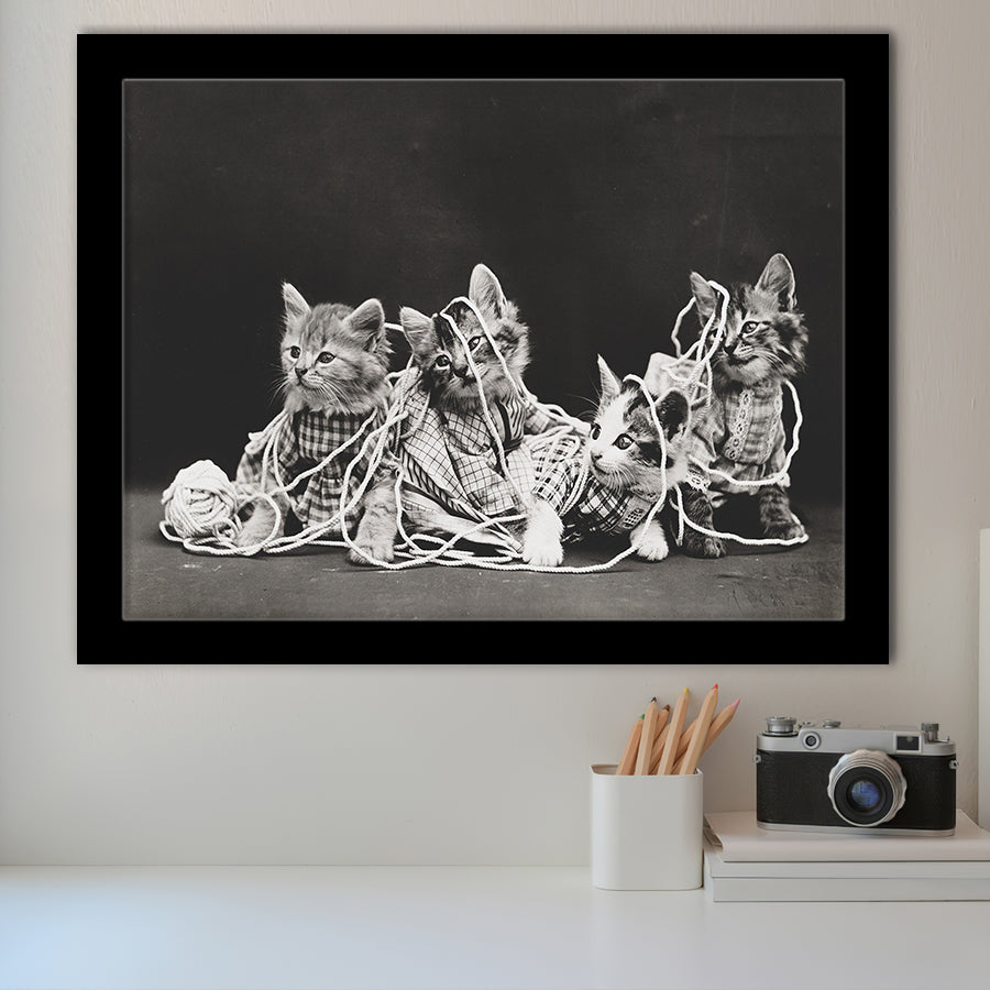 Kittens Playing With Yarn Black And White Print, Vintage Animal Photo Framed Art Prints, Wall Art,Home Decor,Framed Picture