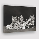 Kittens Playing With Yarn Black And White Print, Vintage Animal Photo Canvas Prints Wall Art Home Decor