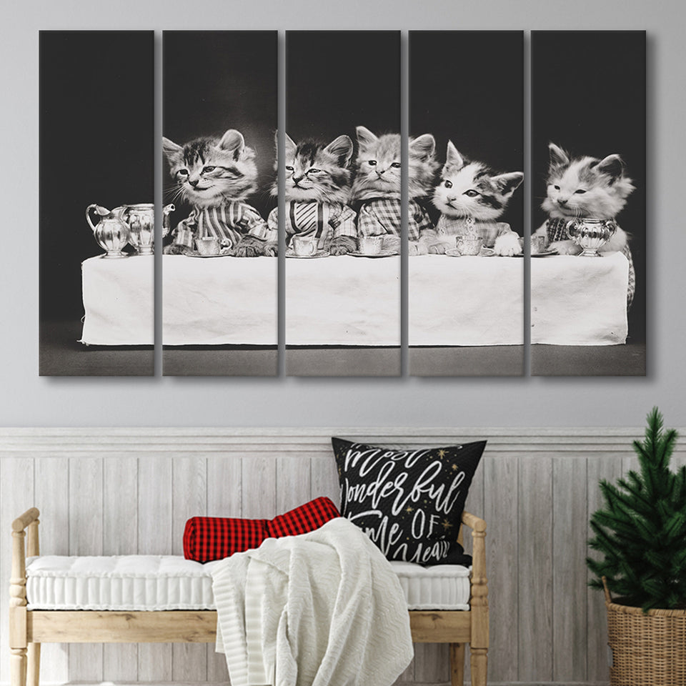 Kittens Tea Time Black And White Print, Kitten Friends Larger Canvas Art, 5 Piece Canvas Prints Wall Art Decor