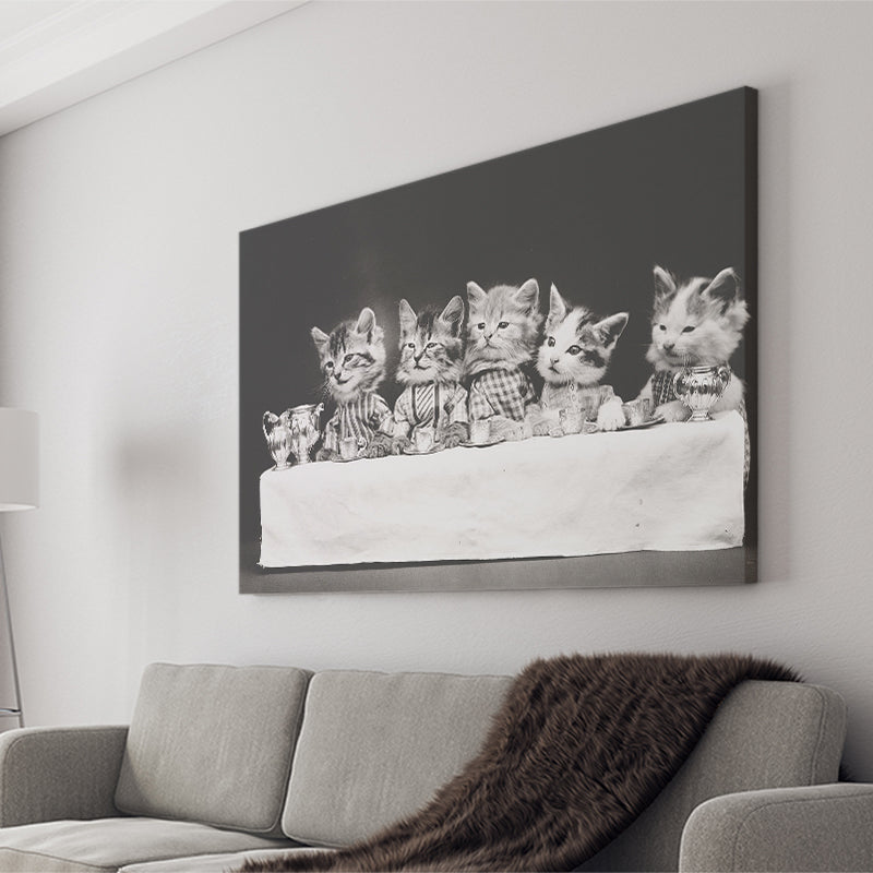 Kittens Tea Time Black And White Print, Kitten Friends Canvas Prints Wall Art Home Decor