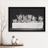 Kittens Tea Time Black And White Print, Kitten Friends Framed Canvas Prints Wall Art Home Decor,Floating Frame