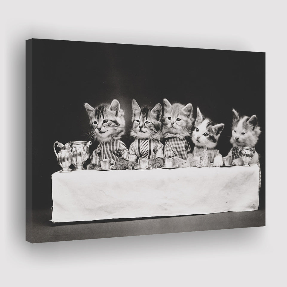 Kittens Tea Time Black And White Print, Kitten Friends Canvas Prints Wall Art Home Decor