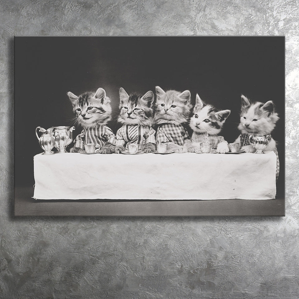Kittens Tea Time Black And White Print, Kitten Friends Canvas Prints Wall Art Home Decor