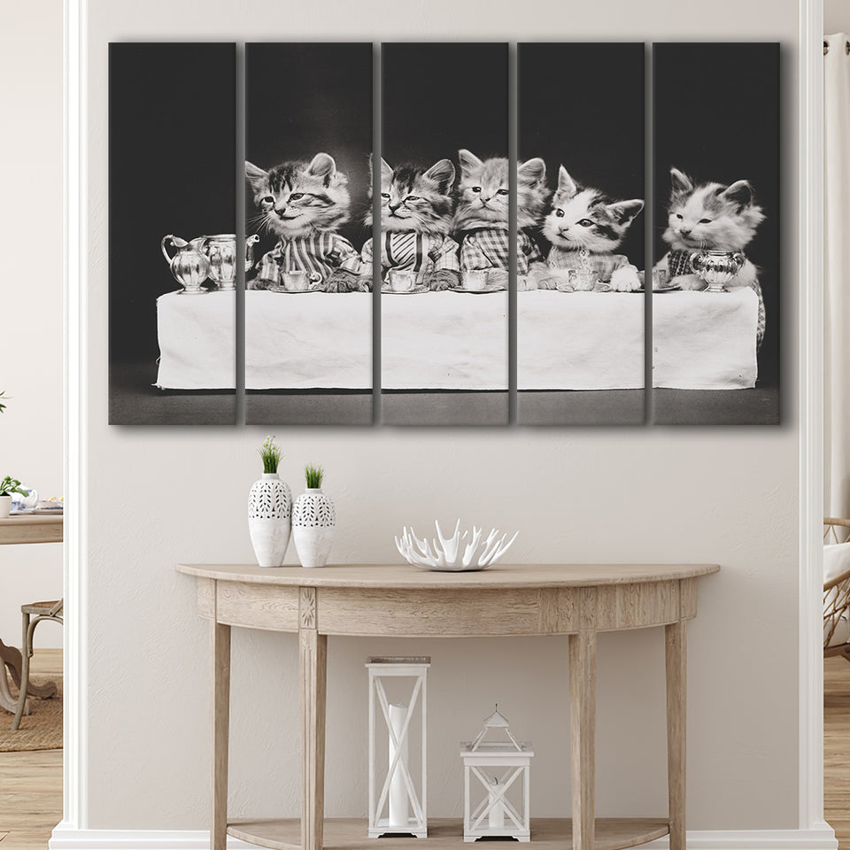 Kittens Tea Time Black And White Print, Kitten Friends Larger Canvas Art, 5 Piece Canvas Prints Wall Art Decor
