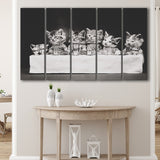 Kittens Tea Time Black And White Print, Kitten Friends Larger Canvas Art, 5 Piece Canvas Prints Wall Art Decor