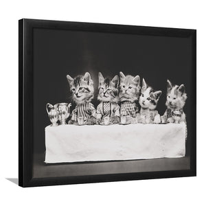 Kittens Tea Time Black And White Print, Kitten Friends Framed Art Prints, Wall Art,Home Decor,Framed Picture