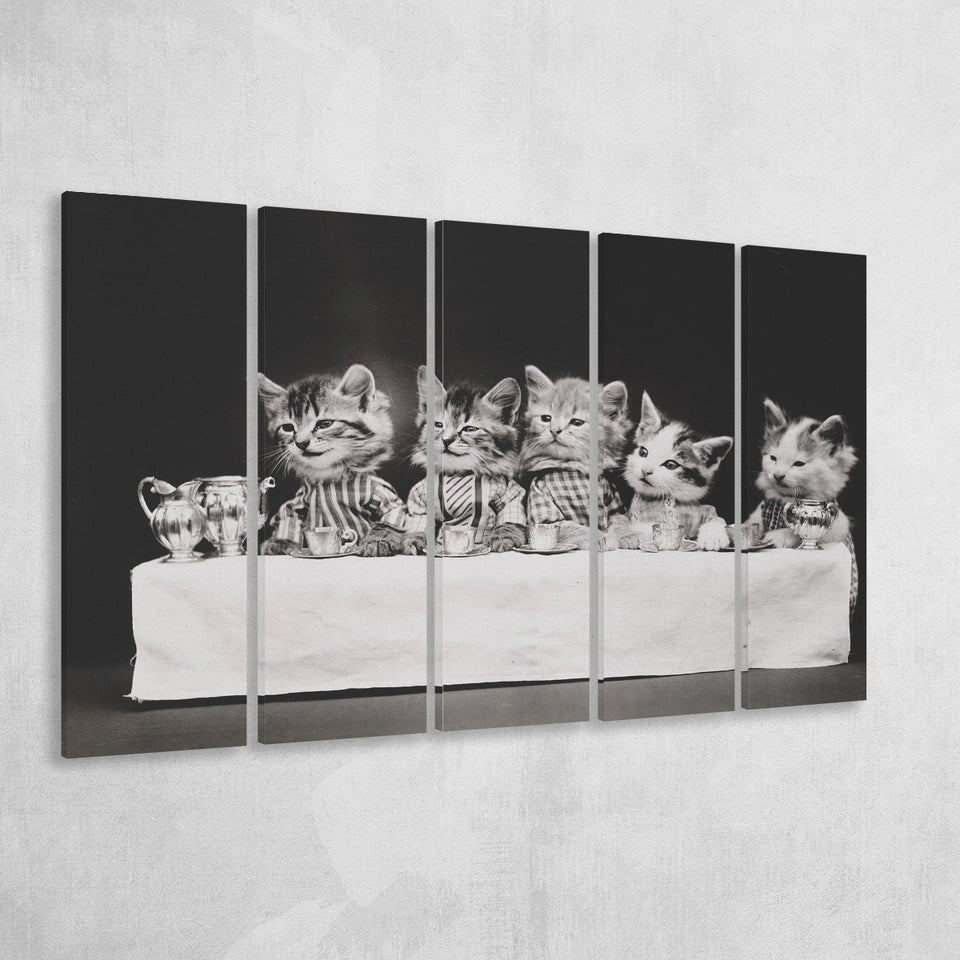 Kittens Tea Time Black And White Print, Kitten Friends Larger Canvas Art, 5 Piece Canvas Prints Wall Art Decor