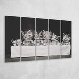 Kittens Tea Time Black And White Print, Kitten Friends Larger Canvas Art, 5 Piece Canvas Prints Wall Art Decor