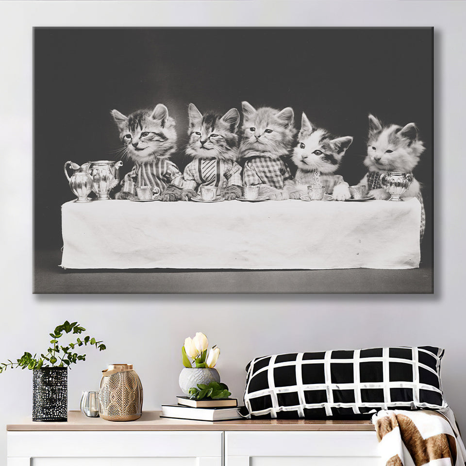 Kittens Tea Time Black And White Print, Kitten Friends Canvas Prints Wall Art Home Decor