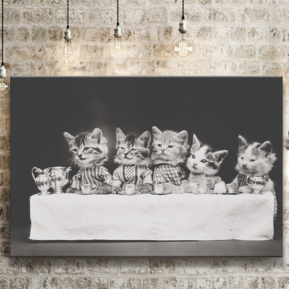 Kittens Tea Time Black And White Print, Kitten Friends Canvas Prints Wall Art Home Decor