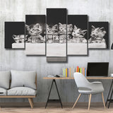 Kittens Tea Time Black And White Print, Kitten Friends 5 Panels, Canvas Prints Wall Art Decor, Large Canvas Art