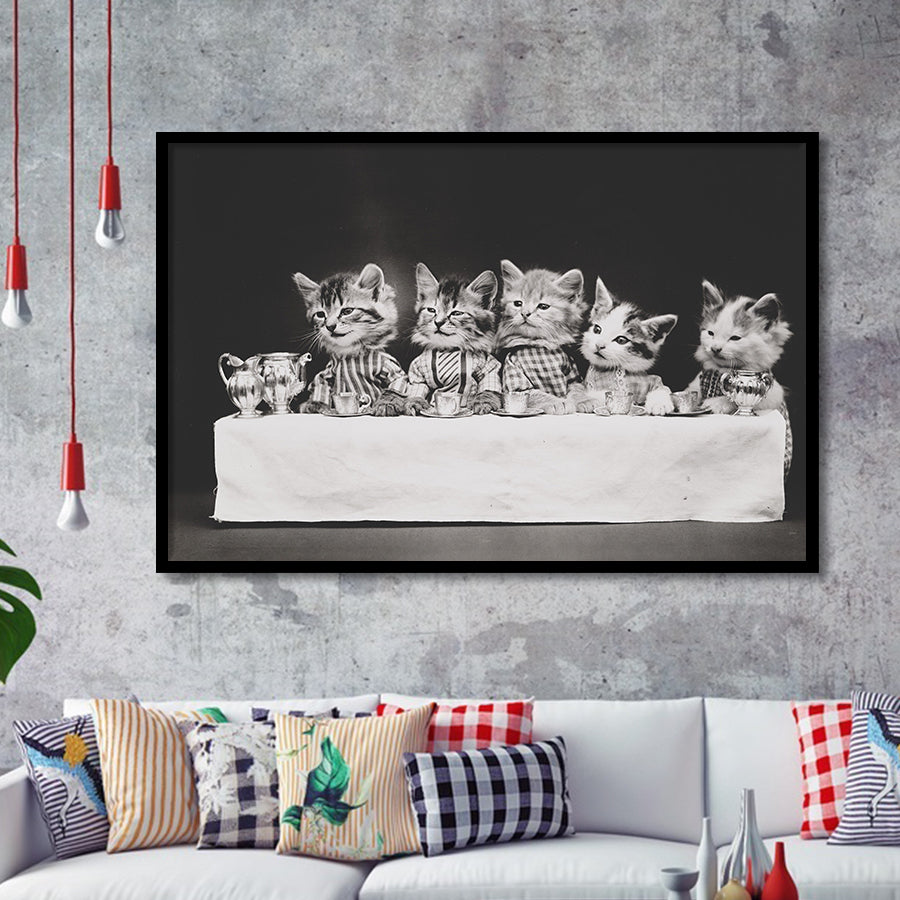 Kittens Tea Time Black And White Print, Kitten Friends Framed Art Prints, Wall Art,Home Decor,Framed Picture