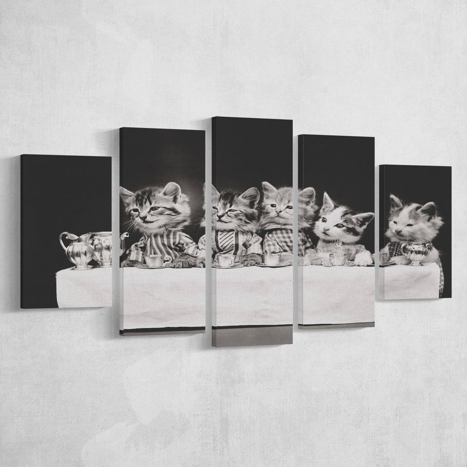 Kittens Tea Time Black And White Print, Kitten Friends 5 Panels, Canvas Prints Wall Art Decor, Large Canvas Art