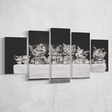 Kittens Tea Time Black And White Print, Kitten Friends 5 Panels, Canvas Prints Wall Art Decor, Large Canvas Art