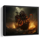 Kraken Tentacle Monster Attacks Pirate Ship V1 Framed Canvas Prints Wall Art Home Decor, Painting Canvas, Floating Frame
