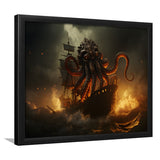 Kraken Tentacle Monster Attacks Pirate Ship V1 Framed Art Prints Wall Decor, Painting Art, Framed Picture