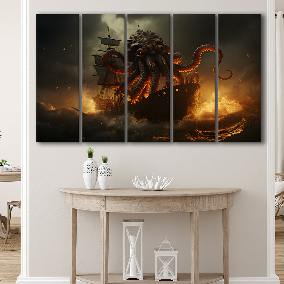 Kraken Tentacle Monster Attacks Pirate Ship V1 5 Panels B Canvas Prints Wall Art Home Decor, Extra Large Canvas