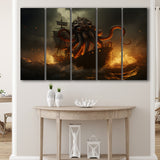Kraken Tentacle Monster Attacks Pirate Ship V1 5 Panels B Canvas Prints Wall Art Home Decor, Extra Large Canvas