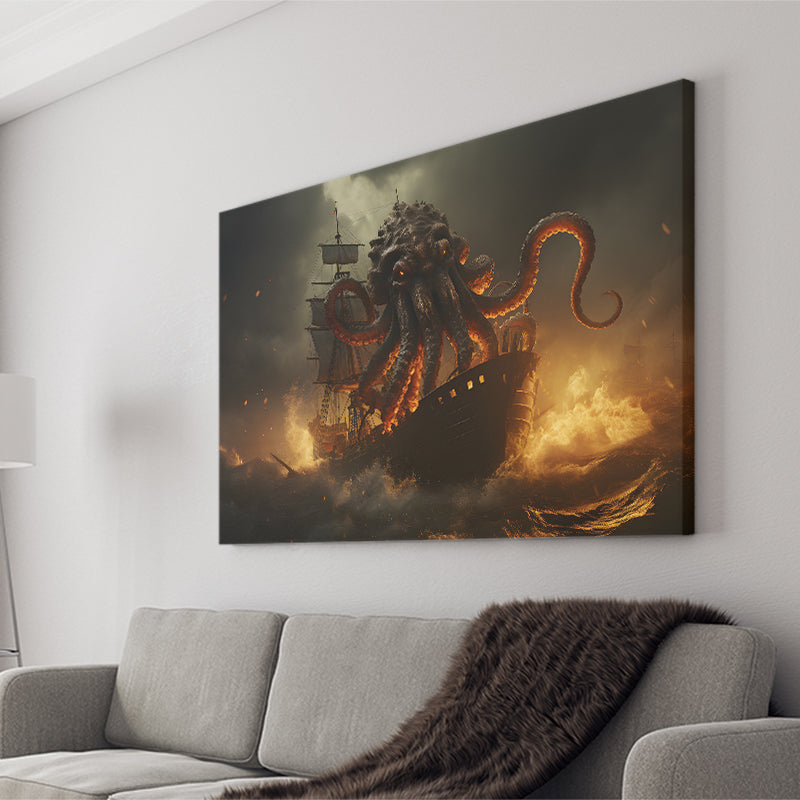 Kraken Tentacle Monster Attacks Pirate Ship V1 Canvas Prints Wall Art Home Decor, Painting Canvas, Living Room Wall Decor
