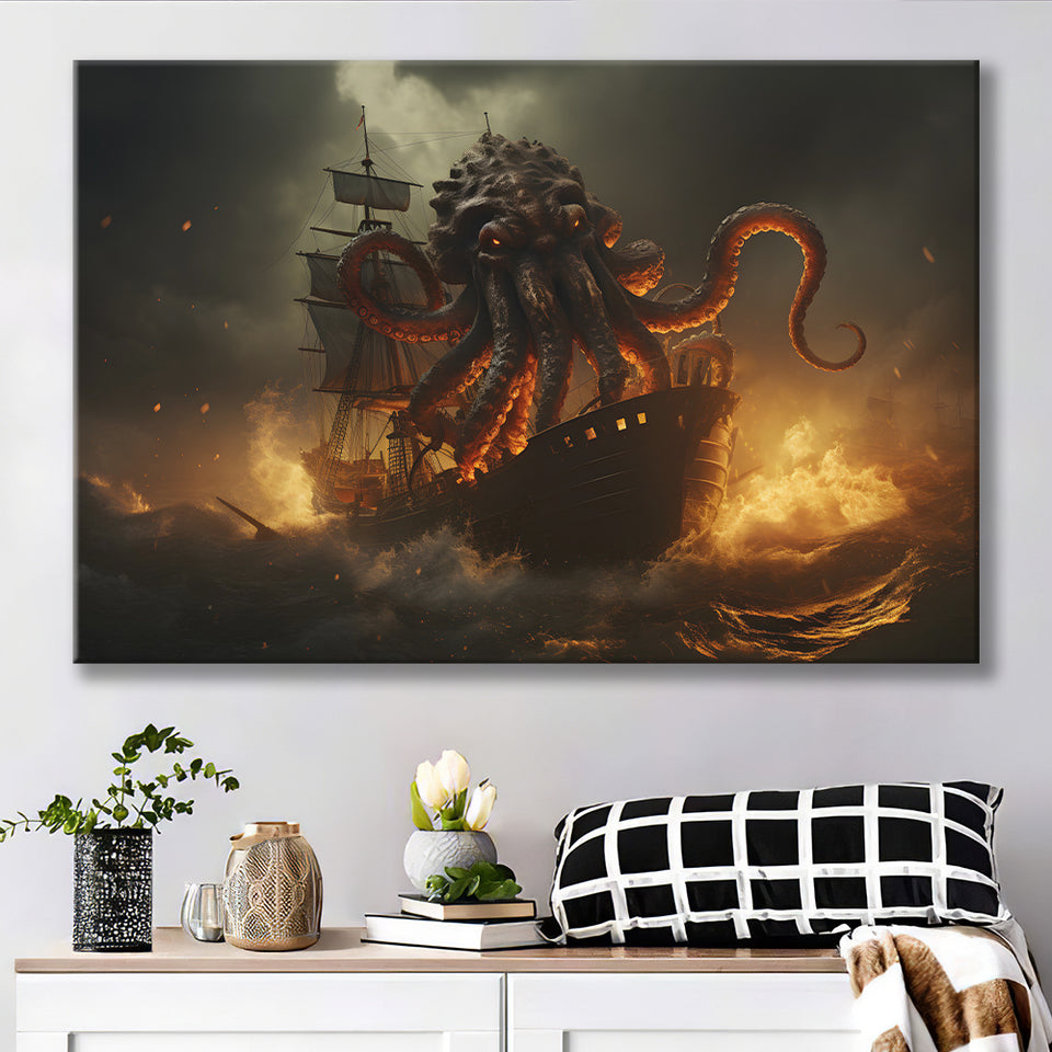 Kraken Tentacle Monster Attacks Pirate Ship V1 Canvas Prints Wall Art Home Decor, Painting Canvas, Living Room Wall Decor