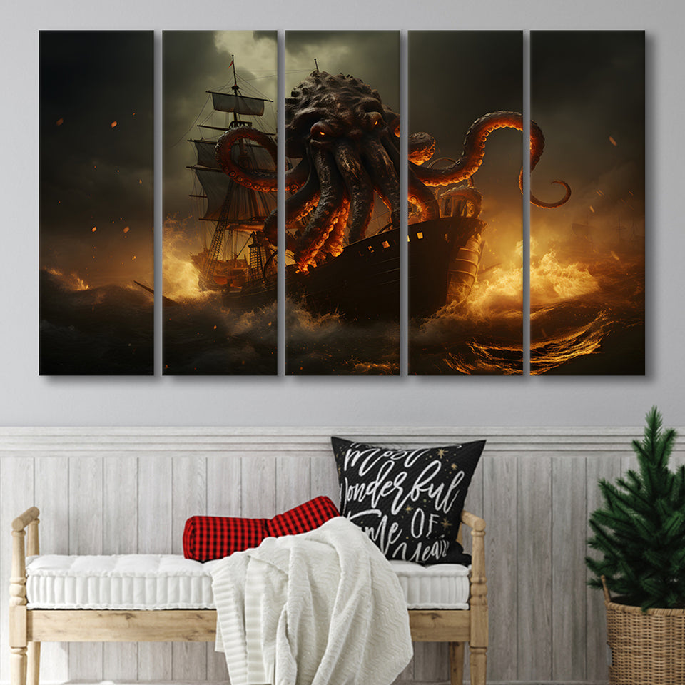 Kraken Tentacle Monster Attacks Pirate Ship V1 5 Panels B Canvas Prints Wall Art Home Decor, Extra Large Canvas