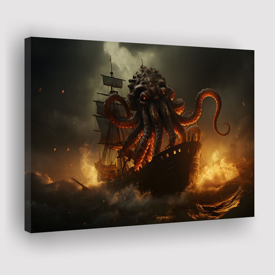 Kraken Tentacle Monster Attacks Pirate Ship V1 Canvas Prints Wall Art Home Decor, Painting Canvas, Living Room Wall Decor